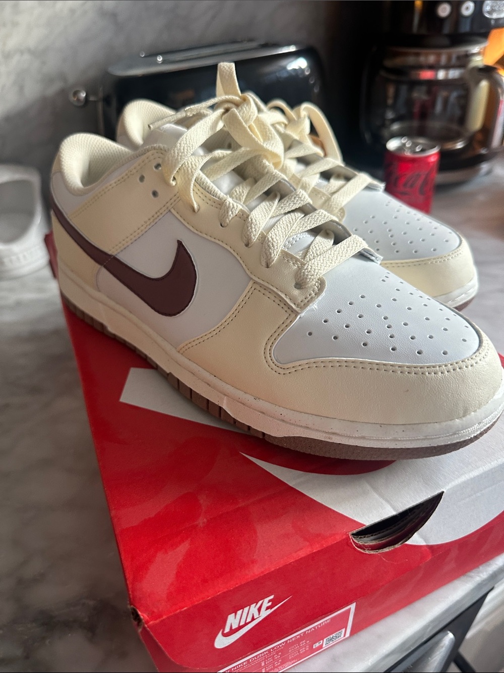 Nike women dunk Low-Top Sneakers in Cream with Brown Swoosh